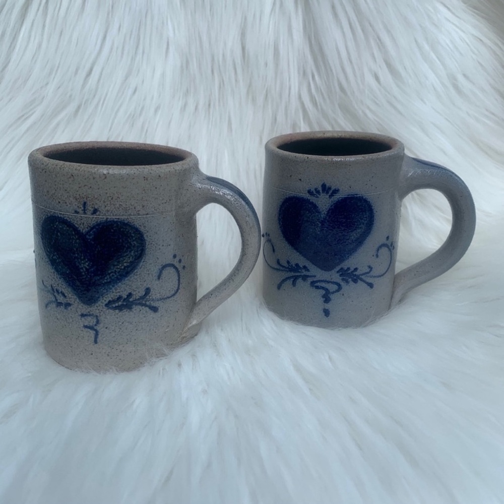 Vintage Rockdale Union Stoneware Handcrafted Blue Heart Ceramic Mugs